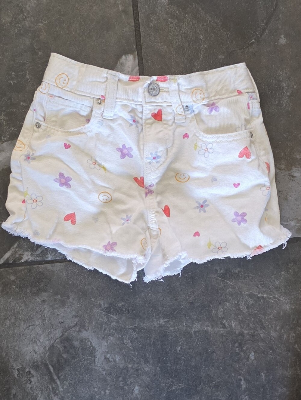 Old Navy White Denim Shorts with Pink Hearts & Purple Flowers